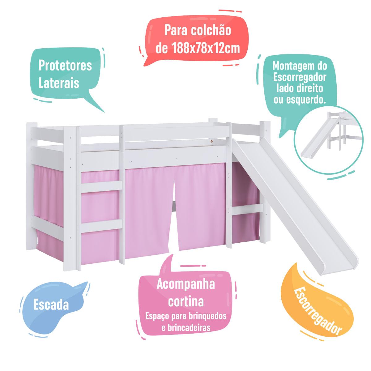 Cama Infantil Elevada com Escorregador Branco e Cortina Rosa Completa Móveis
