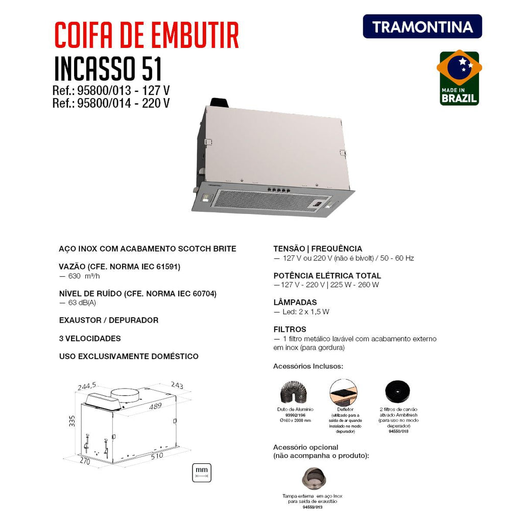 Coifa de embutir Tramontina Incasso em aço inox 51 cm