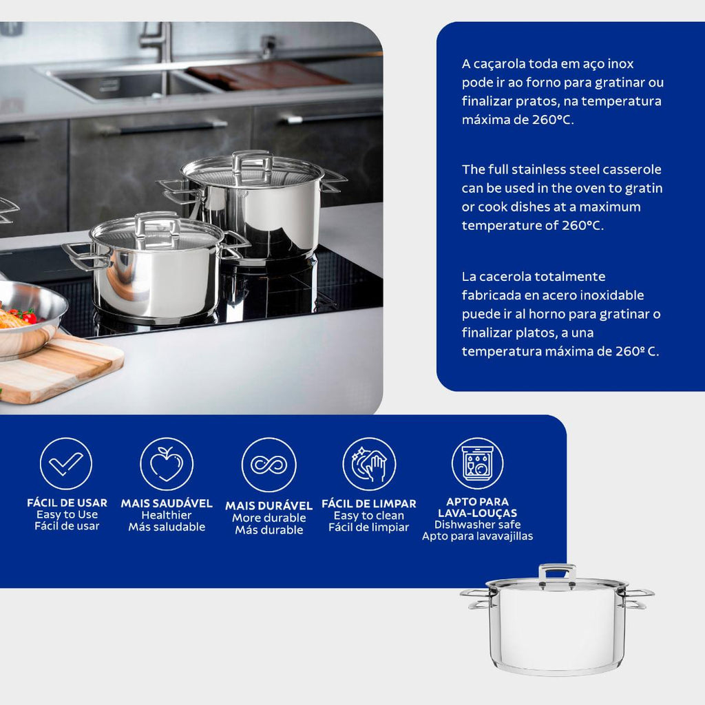 Caçarola Tramontina Brava Rasa Aço Inox com Tampa Plana 16 cm 1,4 L