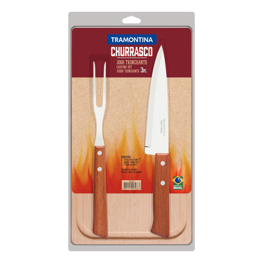 Jogo Trinchante Churrasco Tramontina Aço Inox e Cabos de Madeira Natural 3 Peças
