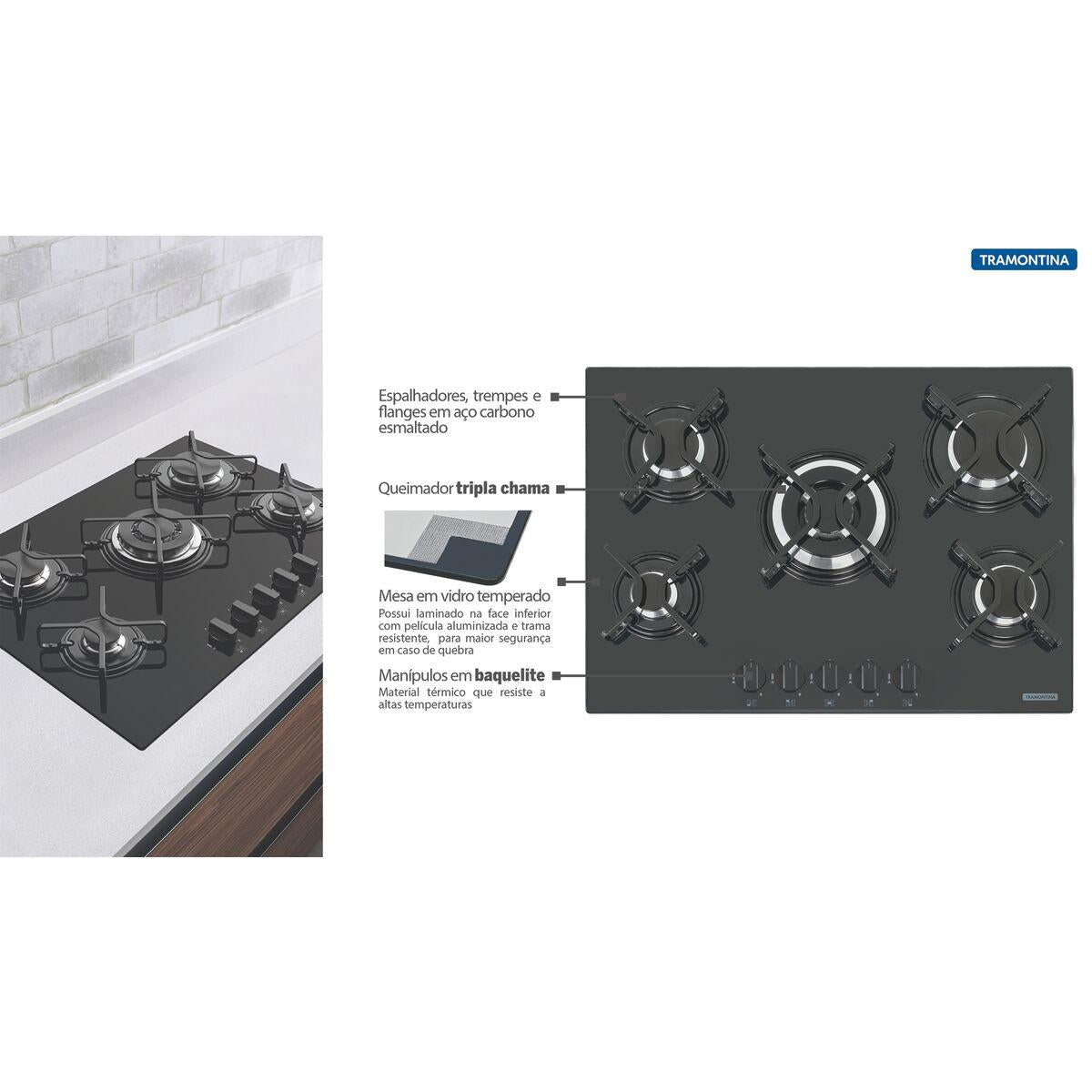 Cooktop a Gás Tramontina Penta em Vidro Temperado Preto 5 Queimadores