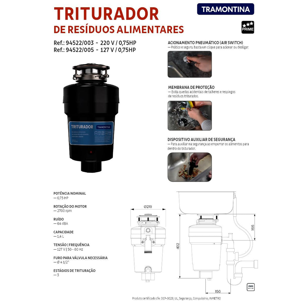 Triturador de Alimentos Tramontina com Potência de 0,75 HP 220 V
