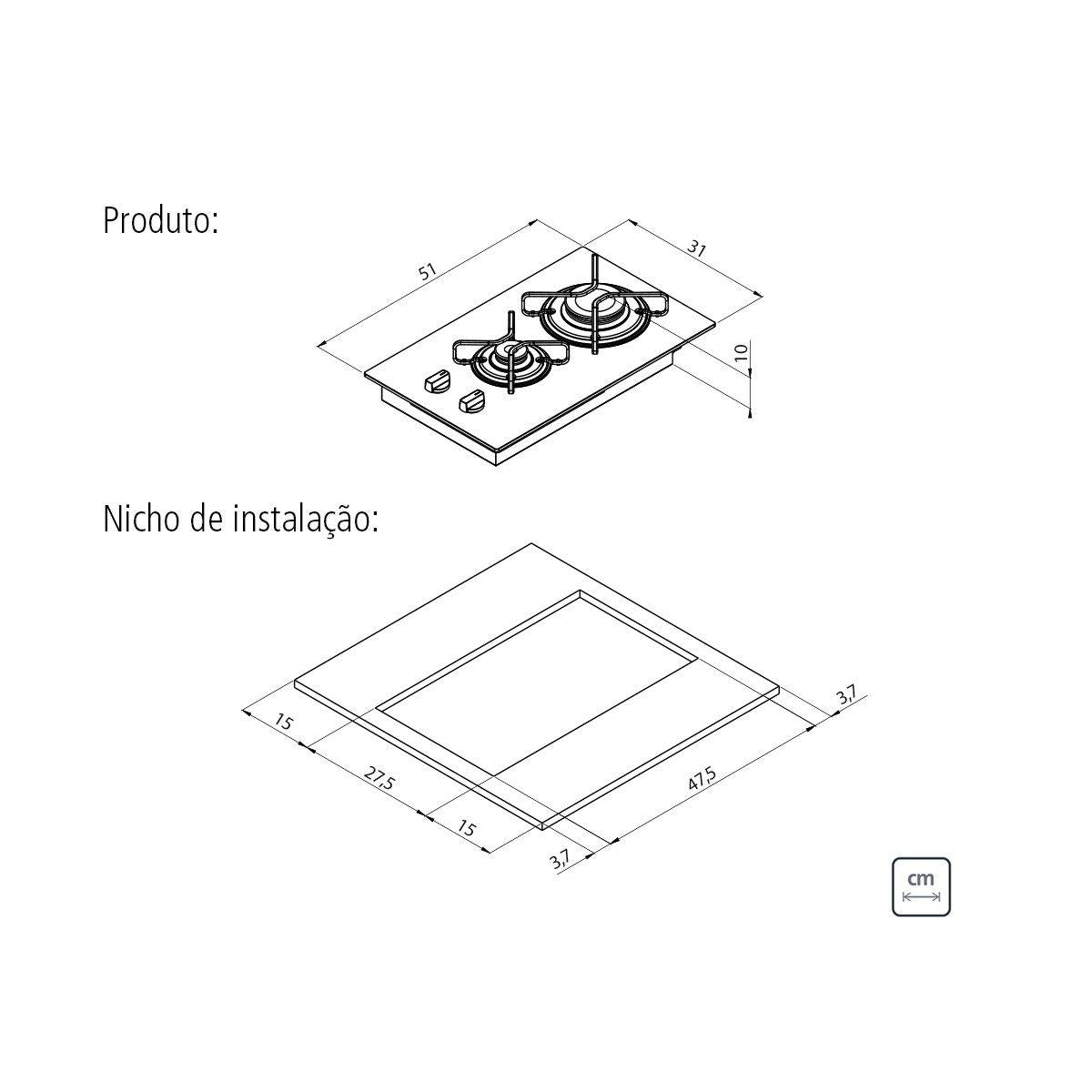 Cooktop a Gás Tramontina Dominó 2GG 30 em Vidro Temperado Preto 2 Queimadores