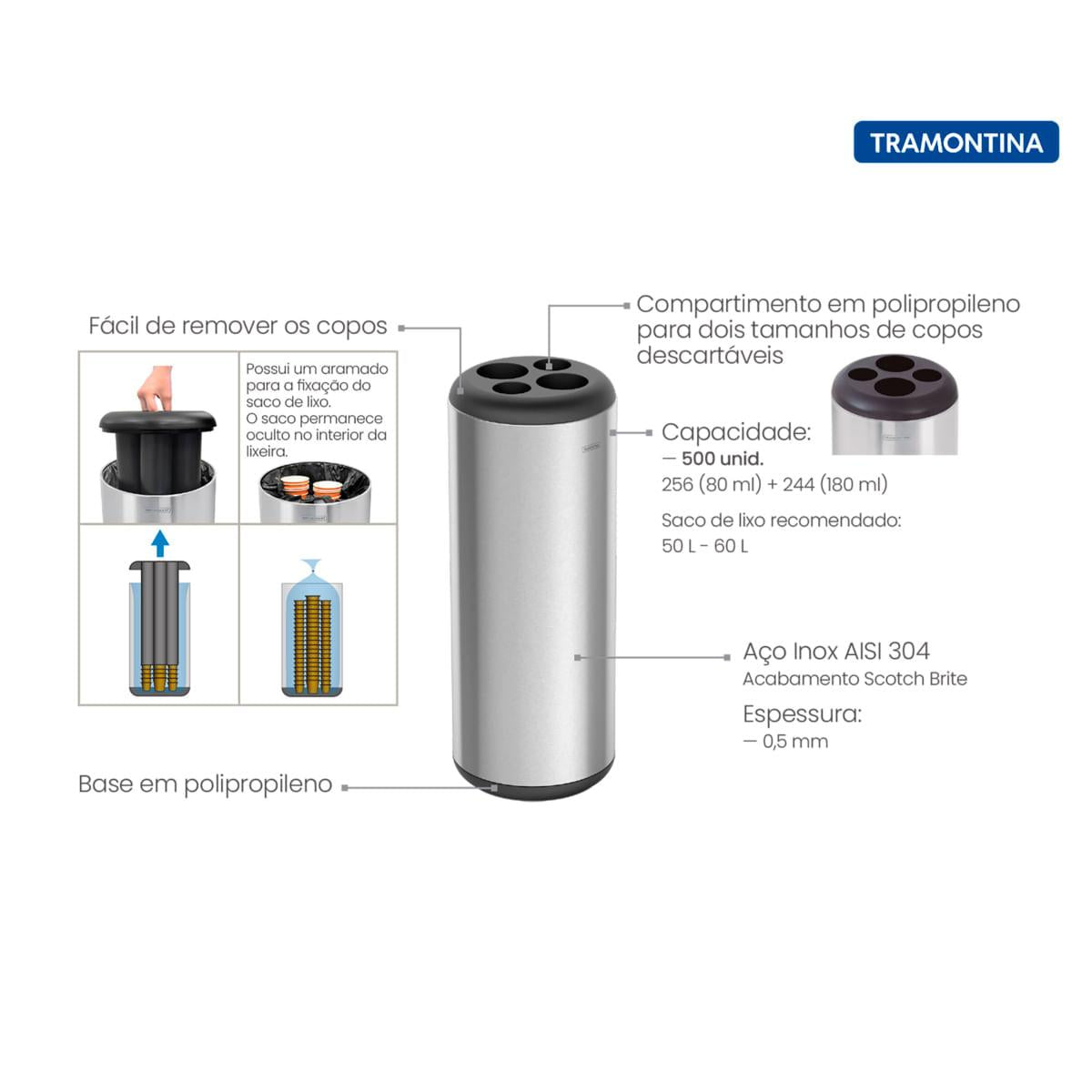 Lixeira Inox Tramontina Perugia Porta Copos Scotch Brite Base e Aro em Polipropileno 31 Litros