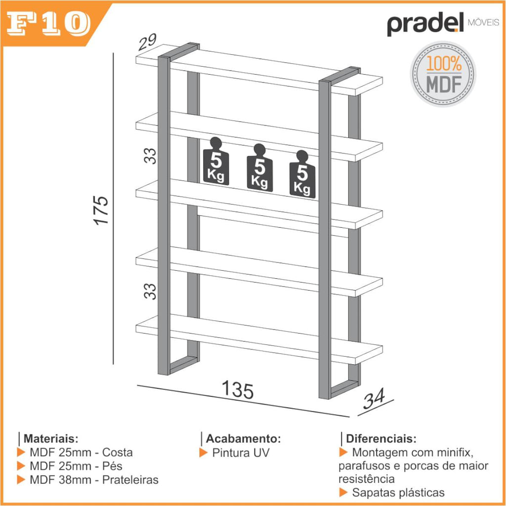 Estante para Livros 5 Prateleiras em MDF Freijó/Preto Fosco 135 x 29 x 175 cm F10 Dalla Costa