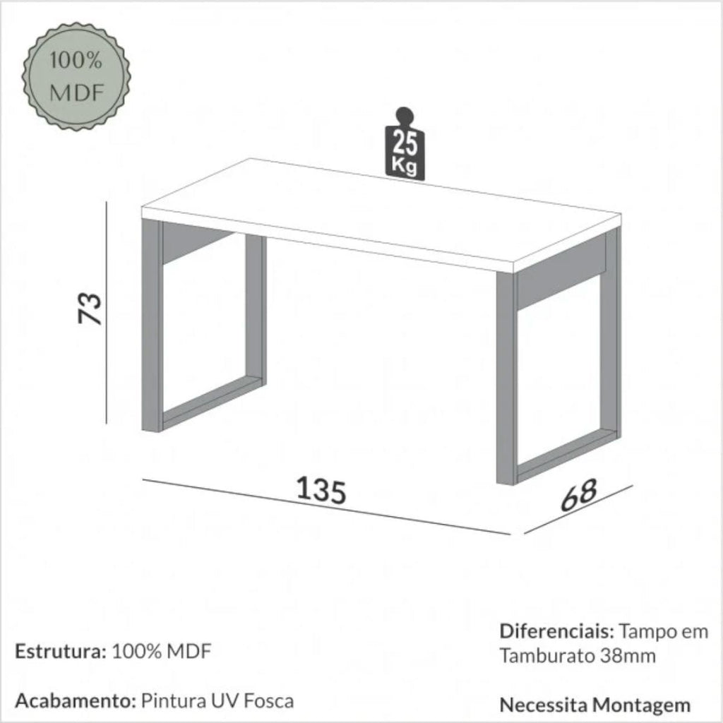 Mesa para Escritório em MDF Off White Freijó 135x68 cm Dalla Costa