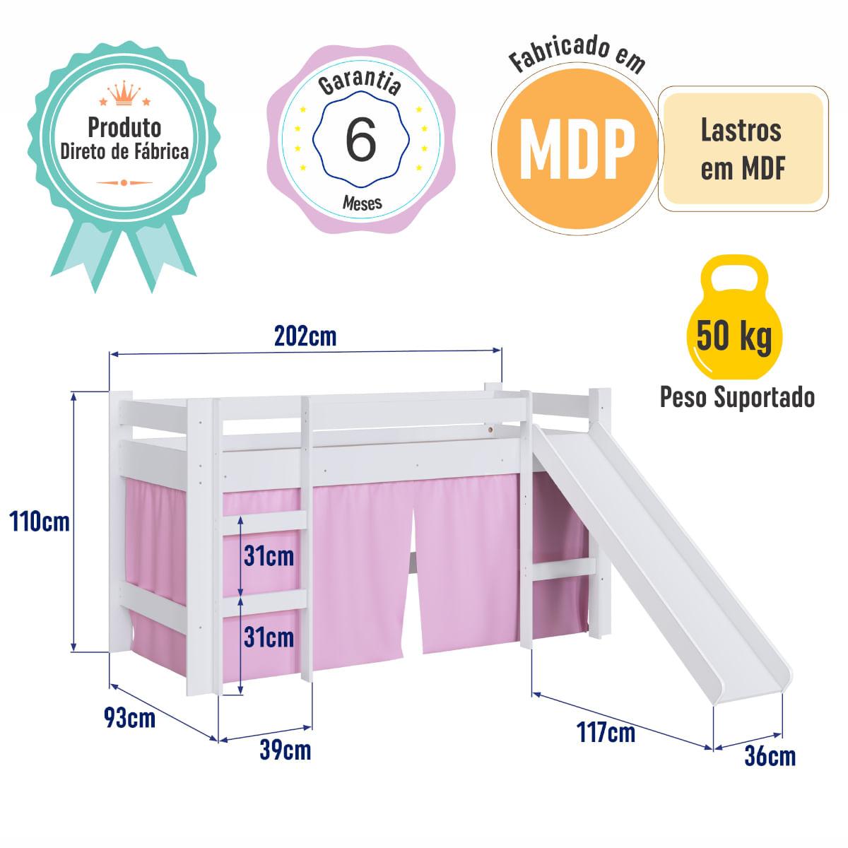 Cama Infantil Elevada com Escorregador Branco e Cortina Rosa Completa Móveis