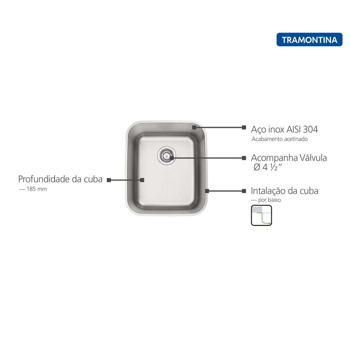 Cuba de Embutir Tramontina 34 x 40 cm Dora 34 BL em Aço Inox Acetinado com Válvula