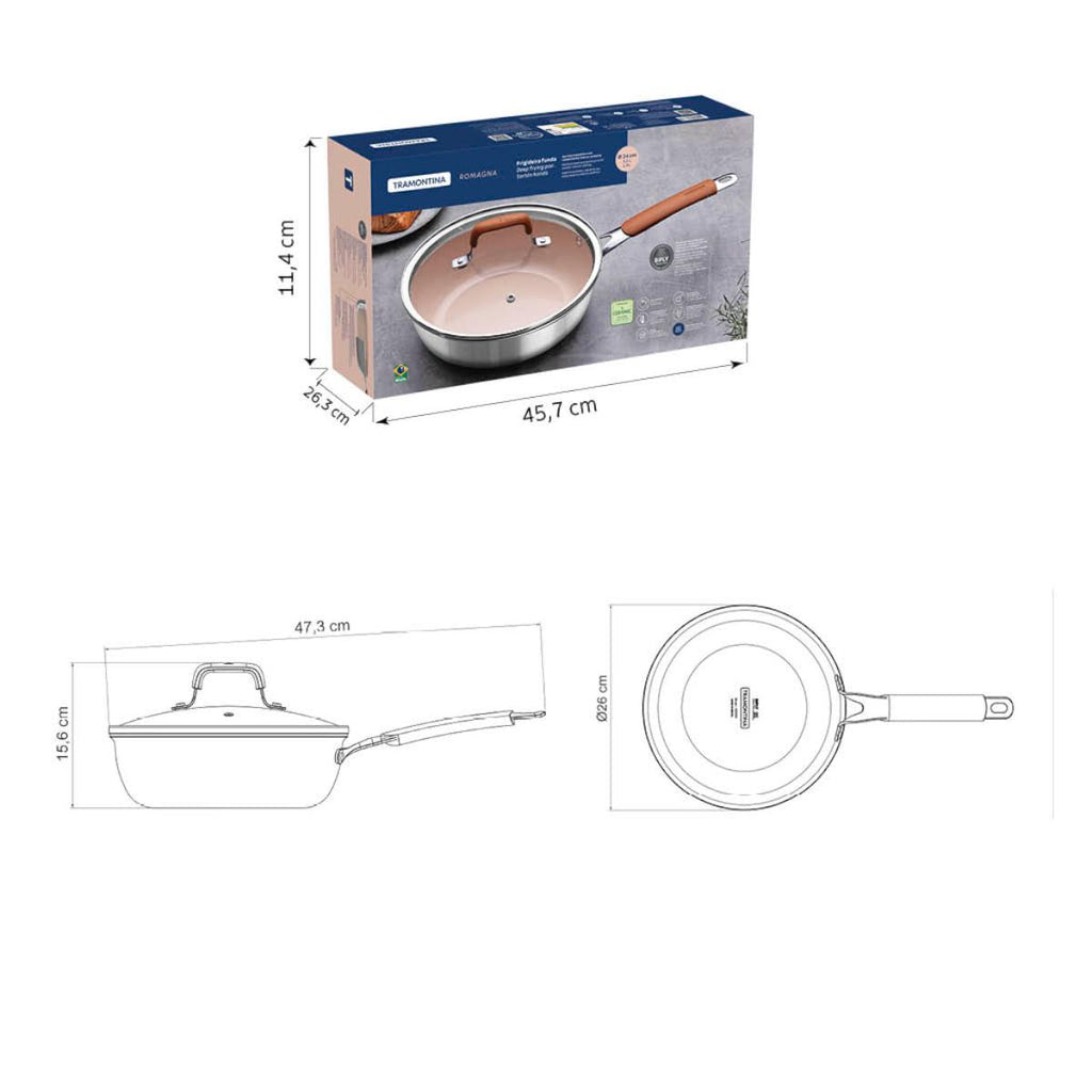 Frigideira Funda Tramontina Romagna Aço Inox Revestimento Cerâmico 24 cm 3,1 L Marfim com Tampa de Vidro