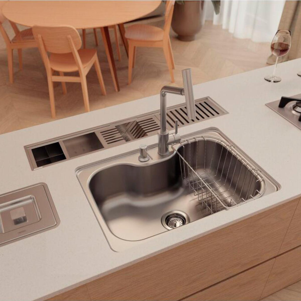 Cuba Tramontina Morgana 60 FX Undermount em Aço Inox Acetinado com Válvula, Dosador de Sabão e Cesto aramado