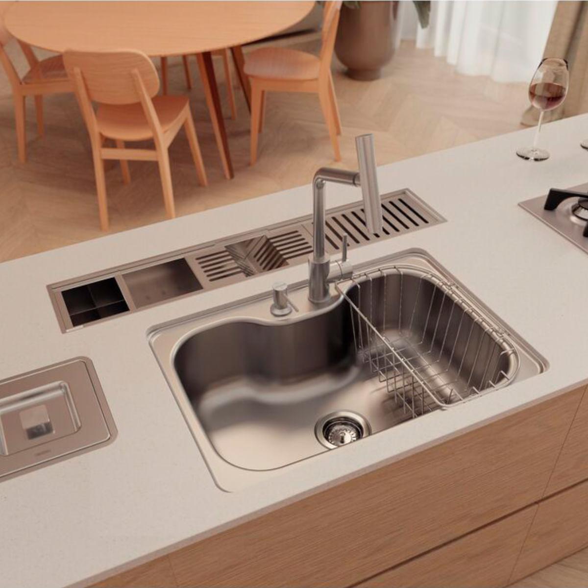 Cuba Tramontina Morgana 60 FX Undermount em Aço Inox Acetinado com Válvula, Dosador de Sabão e Cesto aramado