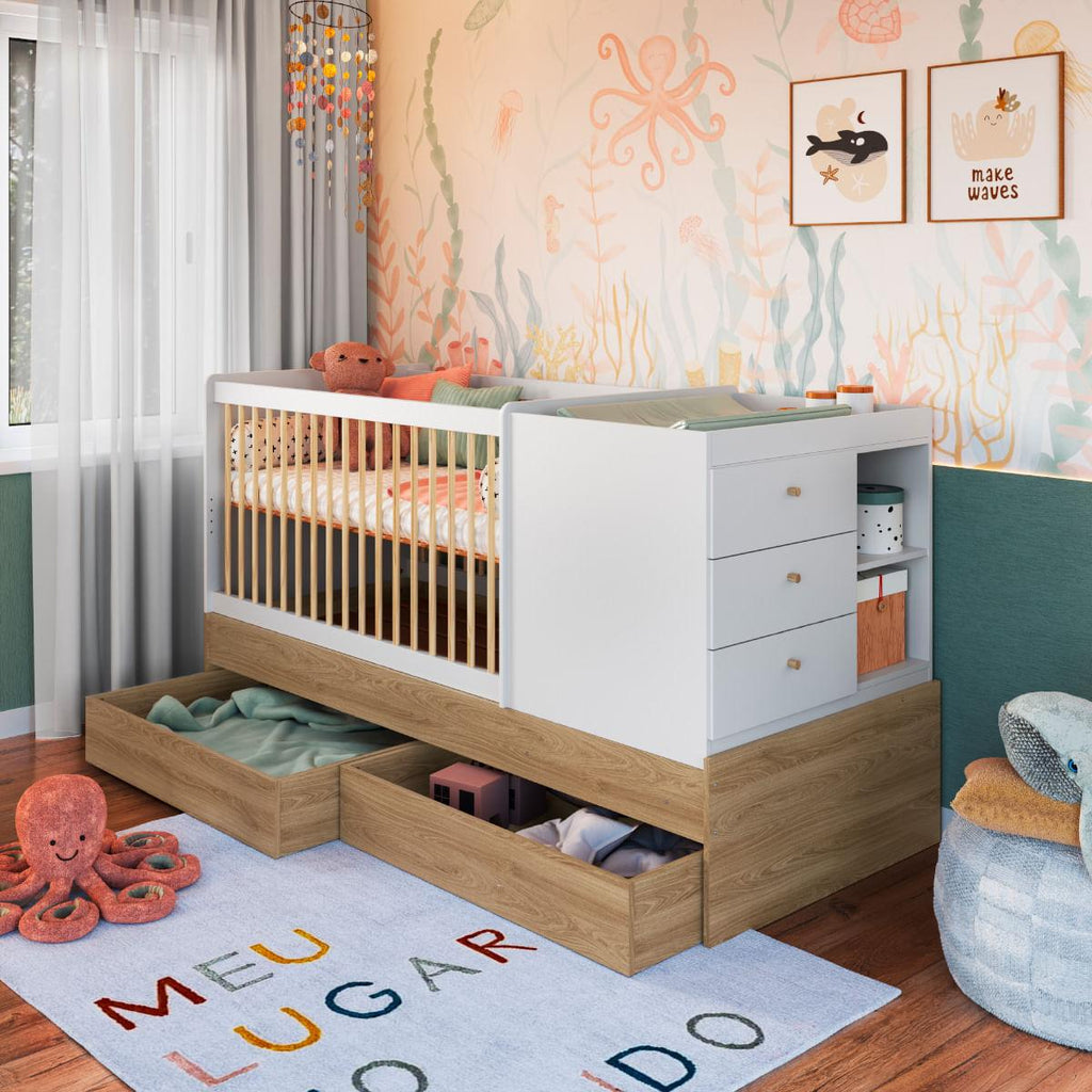 Berço Cama com Cômoda e Gavetões Aveiro e Branco Completa Móveis