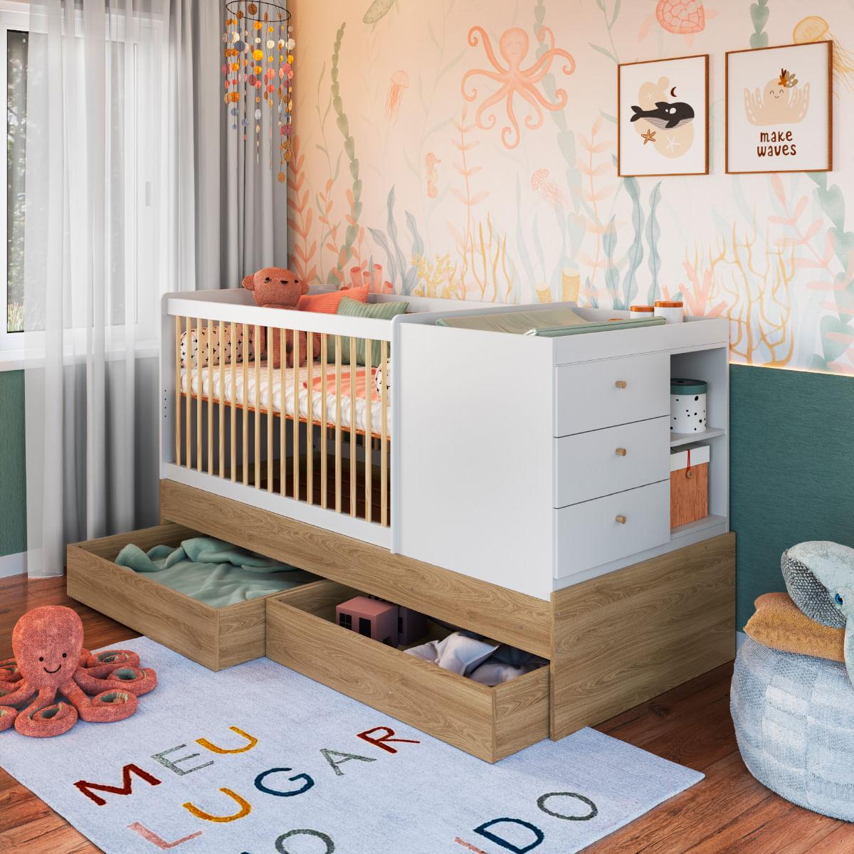 Berço Cama com Cômoda e Gavetões Aveiro e Branco Completa Móveis