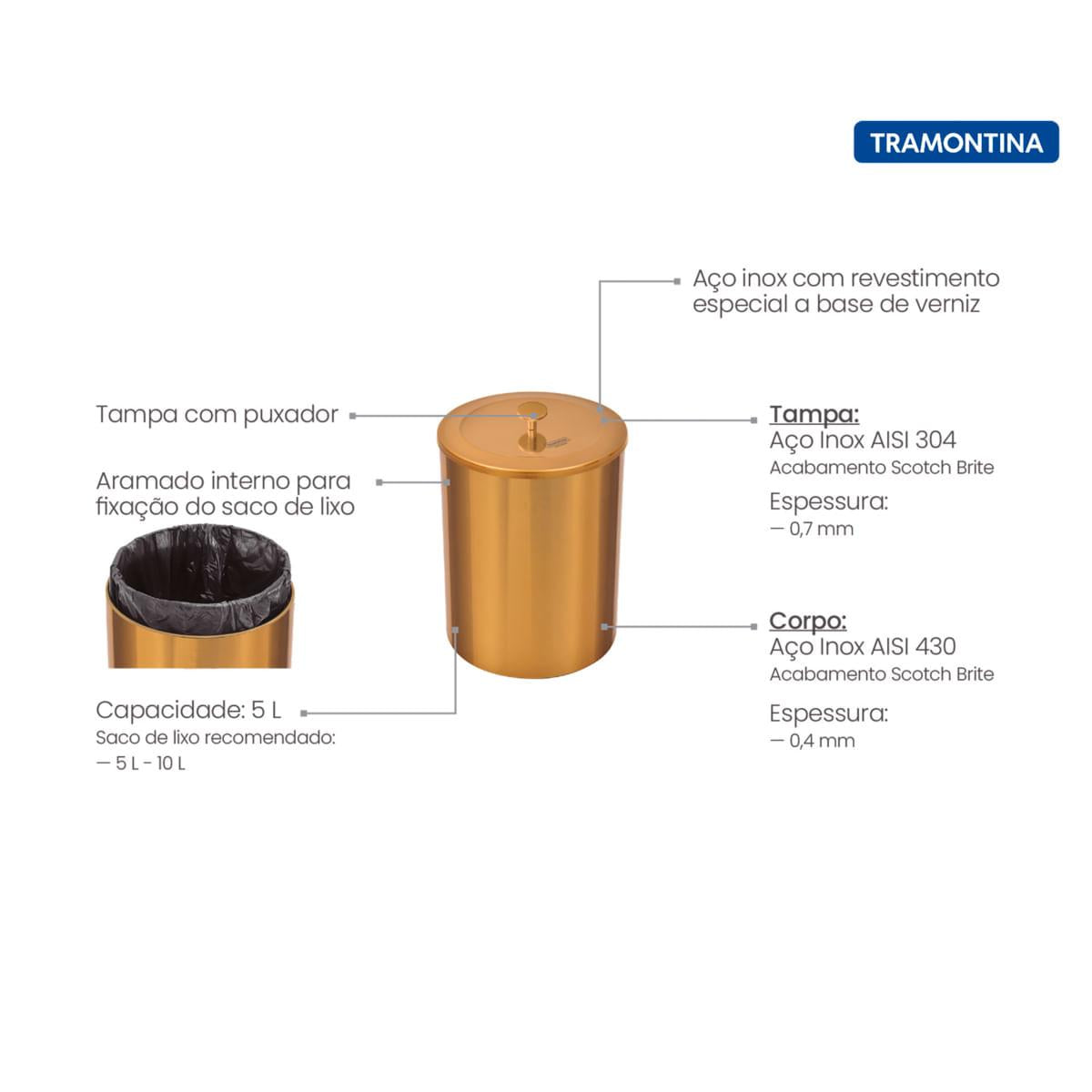 Lixeira Tramontina Útil em Aço Inox Scotch Brite com Revestimento Verniz Gold 5 Litros