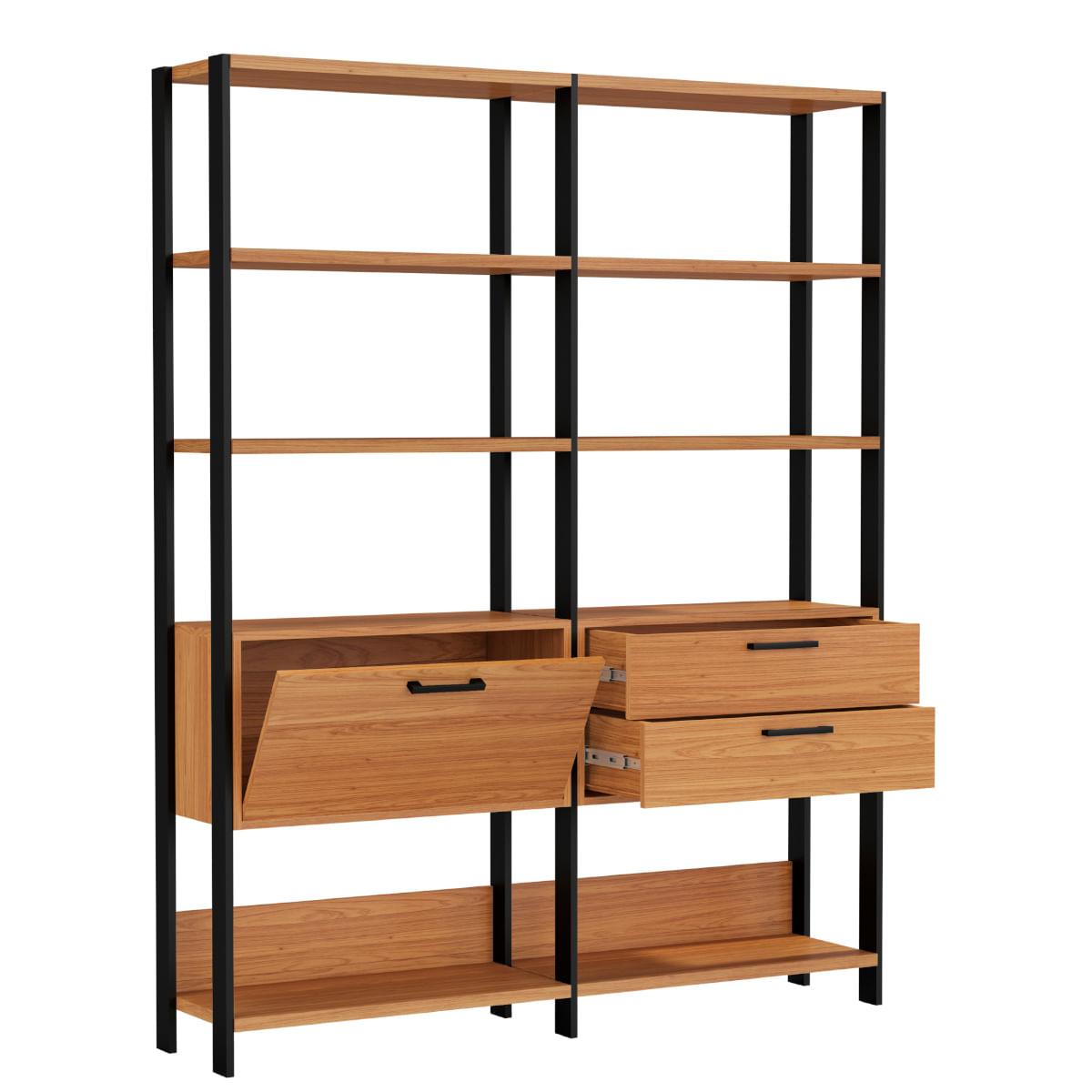 Estante para Livros  2 Gavetas 1 Porta Freijó/Preto Fosco 145 x 32 x 185 cm Dalla Costa E92