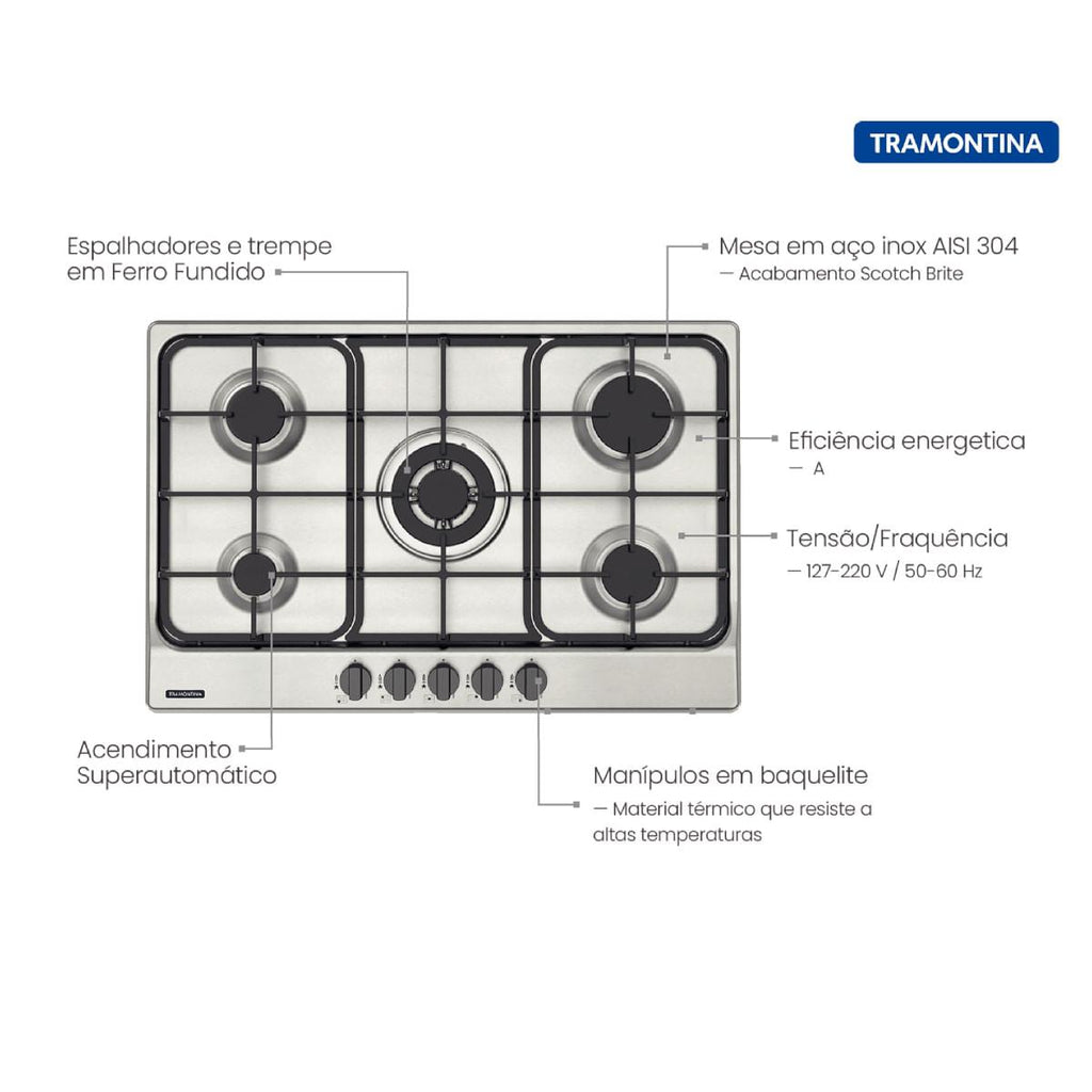 Cooktop a Gás Tramontina Penta FF 5GX Tri 75 em Aço Inox e Trempes em Ferro Fundido 5 Queimadores
