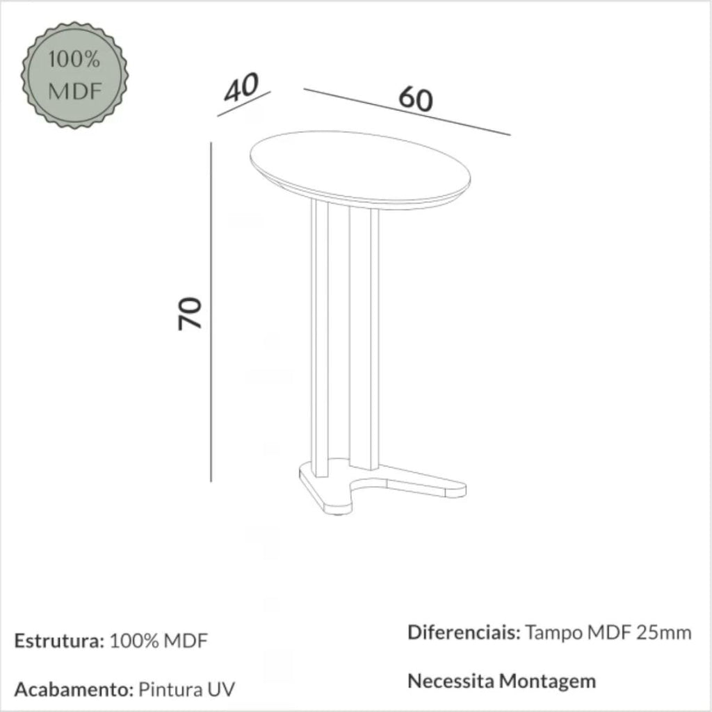 Mesa Lateral em MDF 60 cm Off White TB604WW Dalla Costa