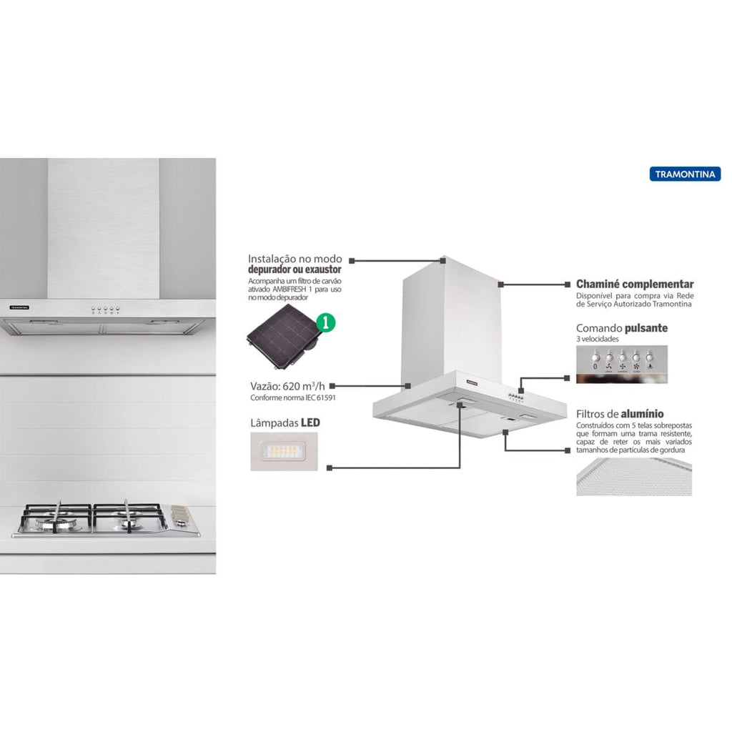 Coifa de Parede Tramontina New Dritta em Aço Inox 60 cm 220 V