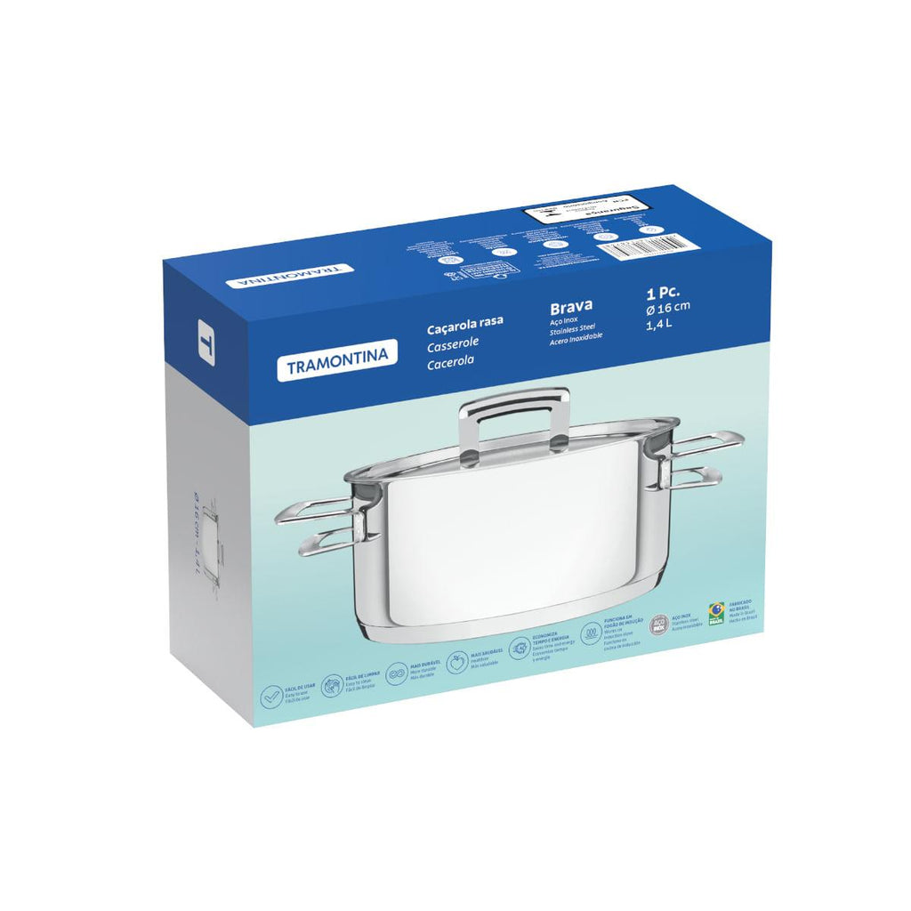 Caçarola Tramontina Brava Rasa Aço Inox com Tampa Plana 16 cm 1,4 L