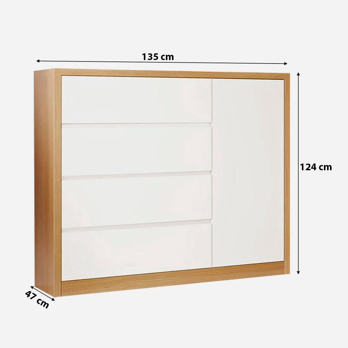 Cômoda 4 Gavetas e 1 Porta em MDF Freijó Off White 135x47x124 cm Dalla Costa