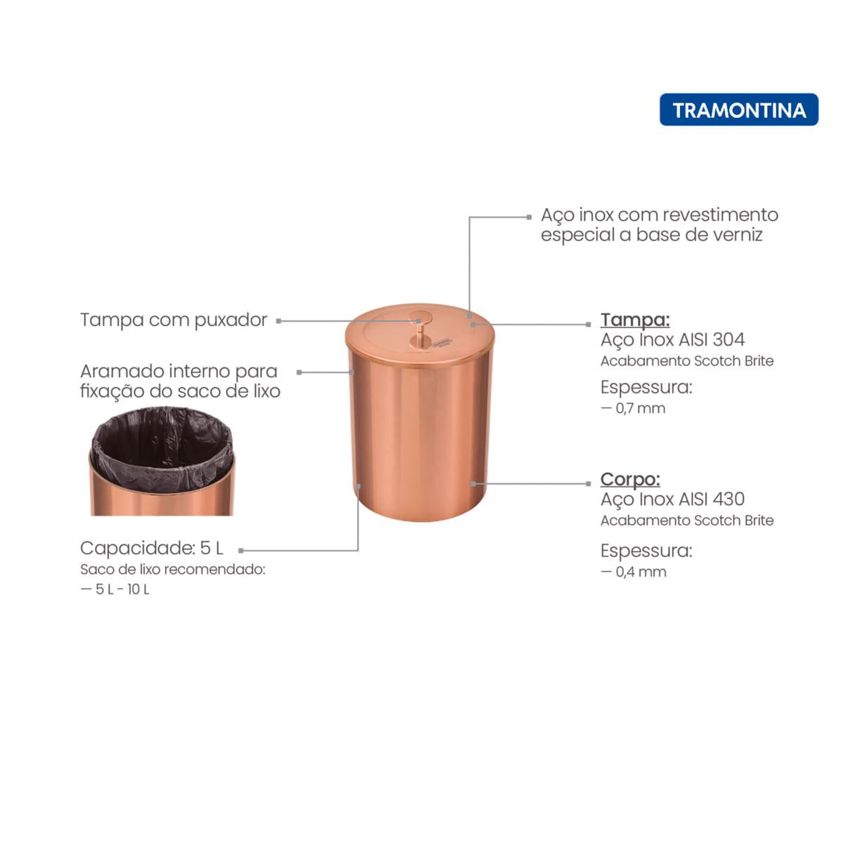 Lixeira Tramontina Útil em Aço Inox Scotch Brite com Revestimento Verniz Rose Gold 5 Litros