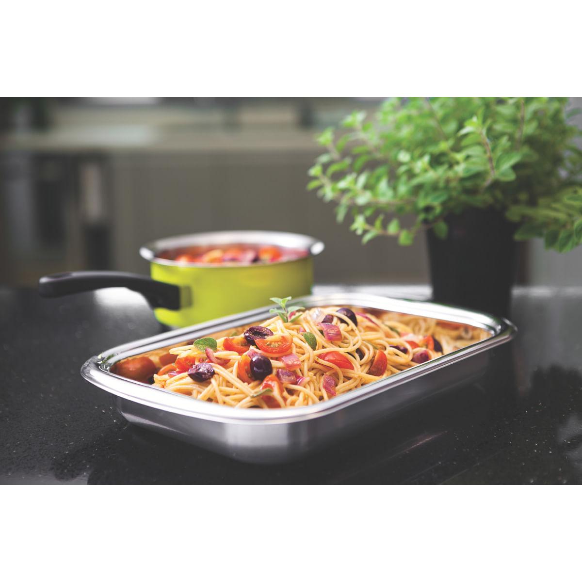 Kit para Assar e Servir Tramontina Cosmos em Aço Inox com Tampa de Vidro 4 Peças