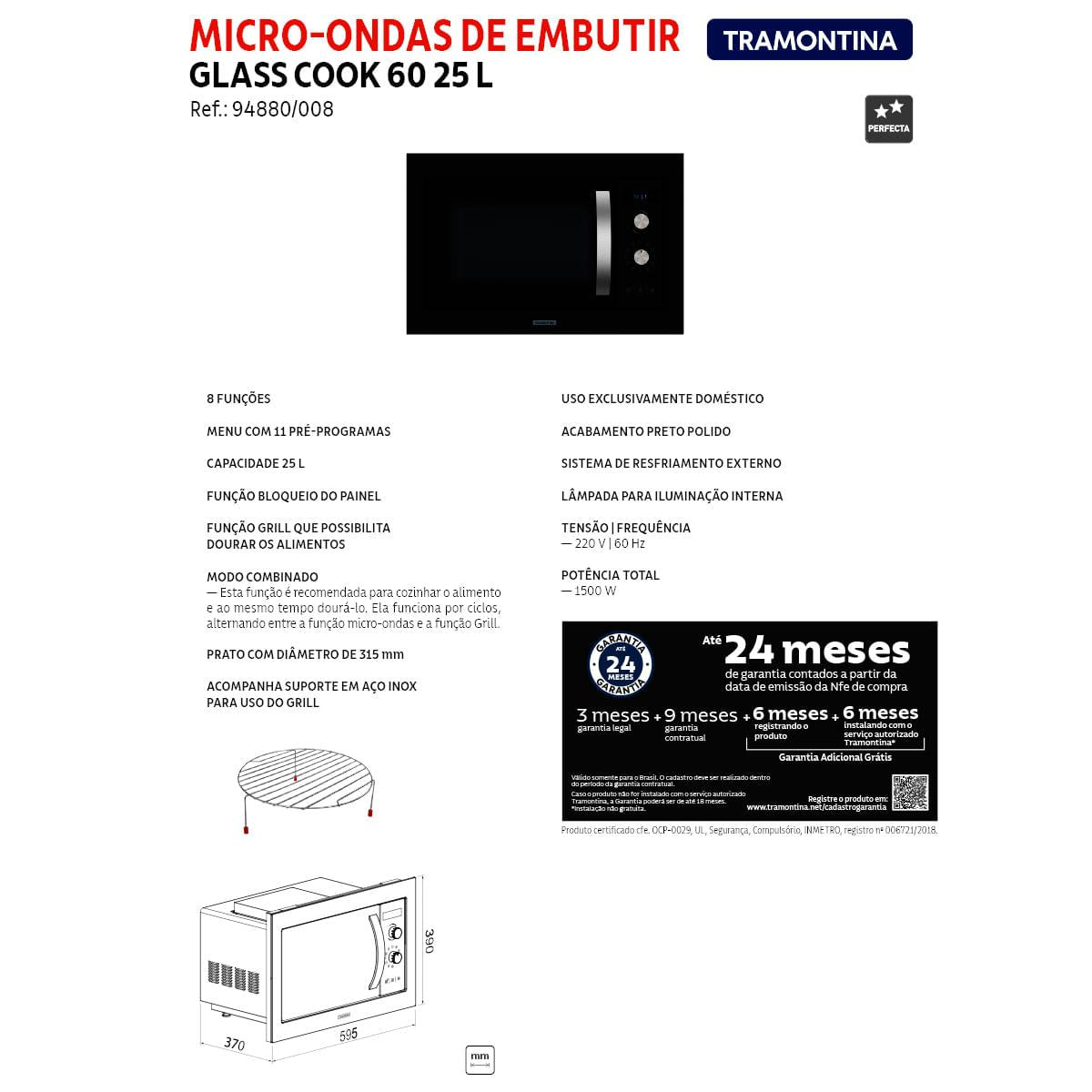 Micro-ondas de Embutir Tramontina Glass Cook 60 25 L em Vidro Temperado Preto 8 Funções