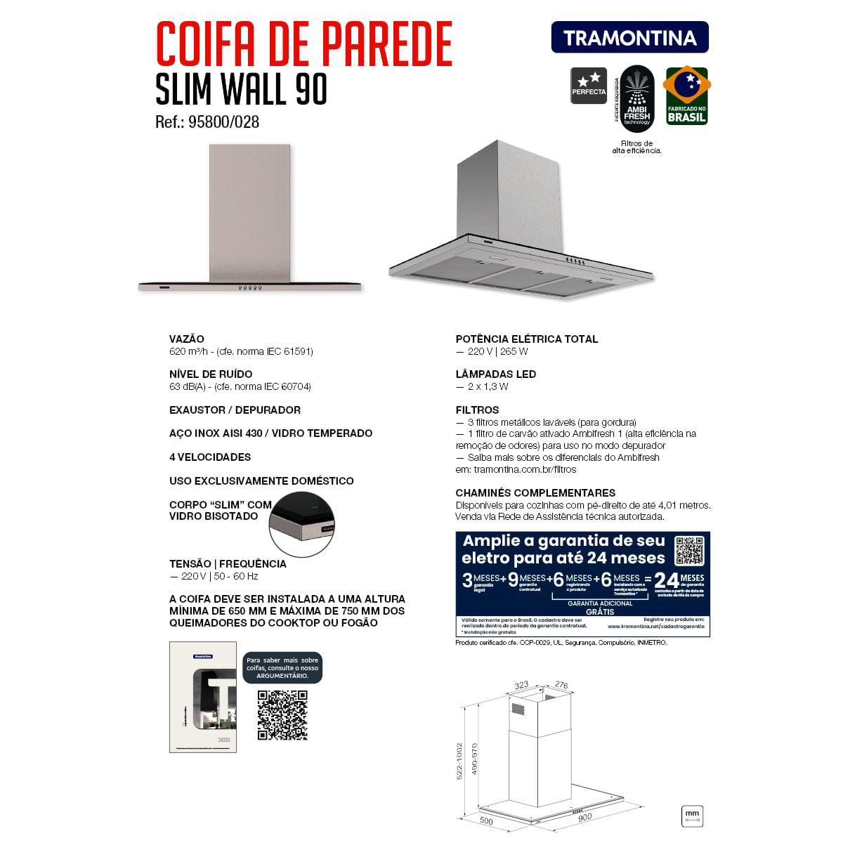 Coifa de Parede Tramontina Slim Wall 90 cm em Aço Inox 220V