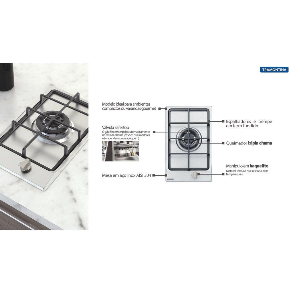 Cooktop a Gás Tramontina Dominó 1GX Tri HE Safestop 30 em Aço Inox e Trempes em Ferro Fundido 1 Queimador