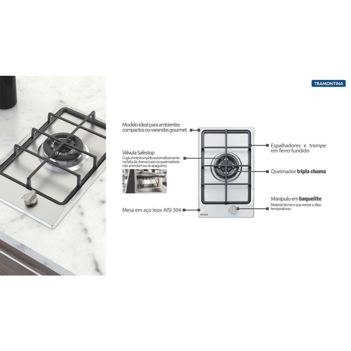 Cooktop a Gás Tramontina Dominó 1GX Tri HE Safestop 30 em Aço Inox e Trempes em Ferro Fundido 1 Queimador
