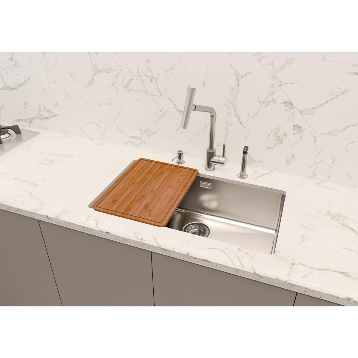 Cuba Quadrum 70 U Undermount Tramontina 70x40x20 cm em Aço Inox com Dosador de Sabão e Tábua