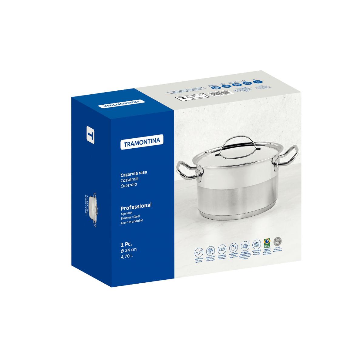 Caçarola Rasa Tramontina Professional Aço Inox 4,7L com Tampa Plana e Fundo Triplo 24cm