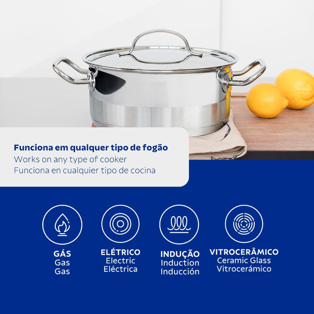 Caçarola Rasa Tramontina Professional Aço Inox 7,1L com Tampa Plana e Fundo Triplo 28cm