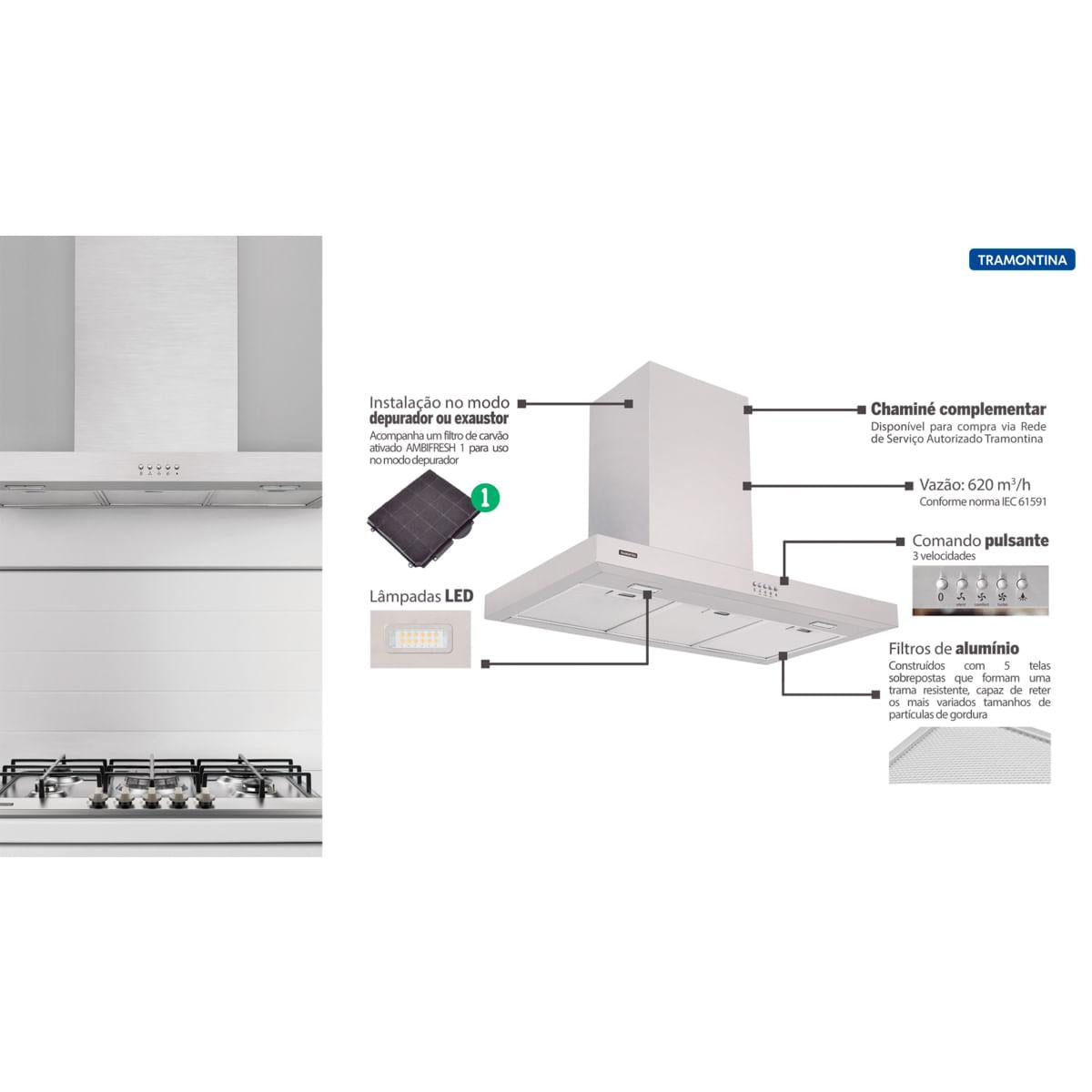 Coifa de Parede Tramontina New Dritta em Aço Inox 90 cm 220 V
