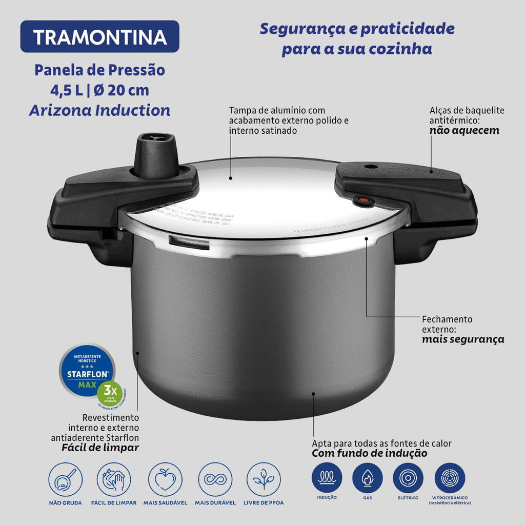 Panela de Pressão Tramontina Arizona Indução Alumínio 20 cm 4,5 L Titânio