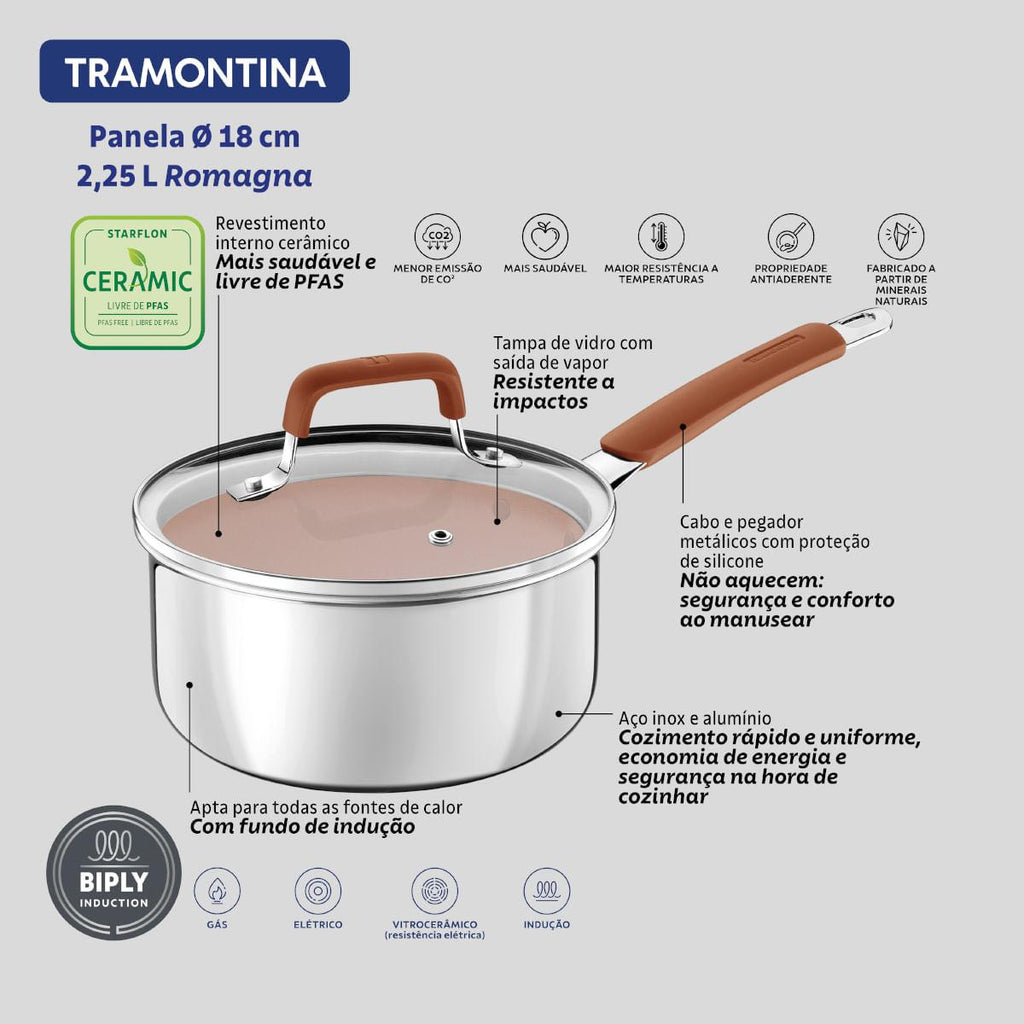 Panela Tramontina Romagna Aço Inox Cerâmico Marfim 18 cm 2,25 L