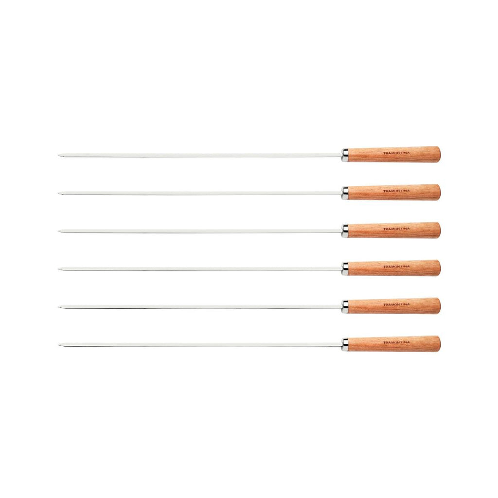 Conjunto de Espetinhos Tramontina 6 Peças Aço Inox com Cabo de Madeira 50 cm