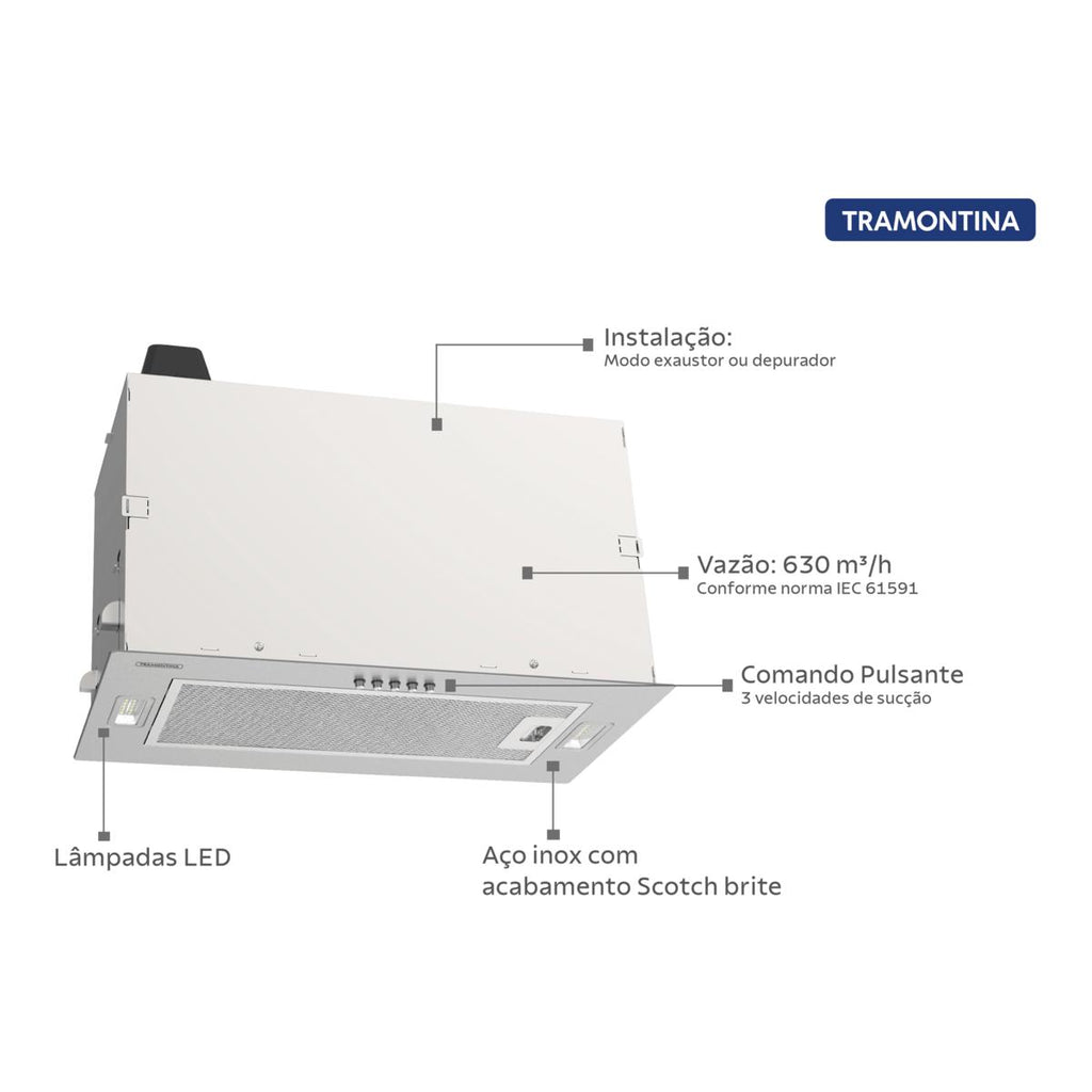 Coifa de embutir Tramontina Incasso em aço inox 51 cm