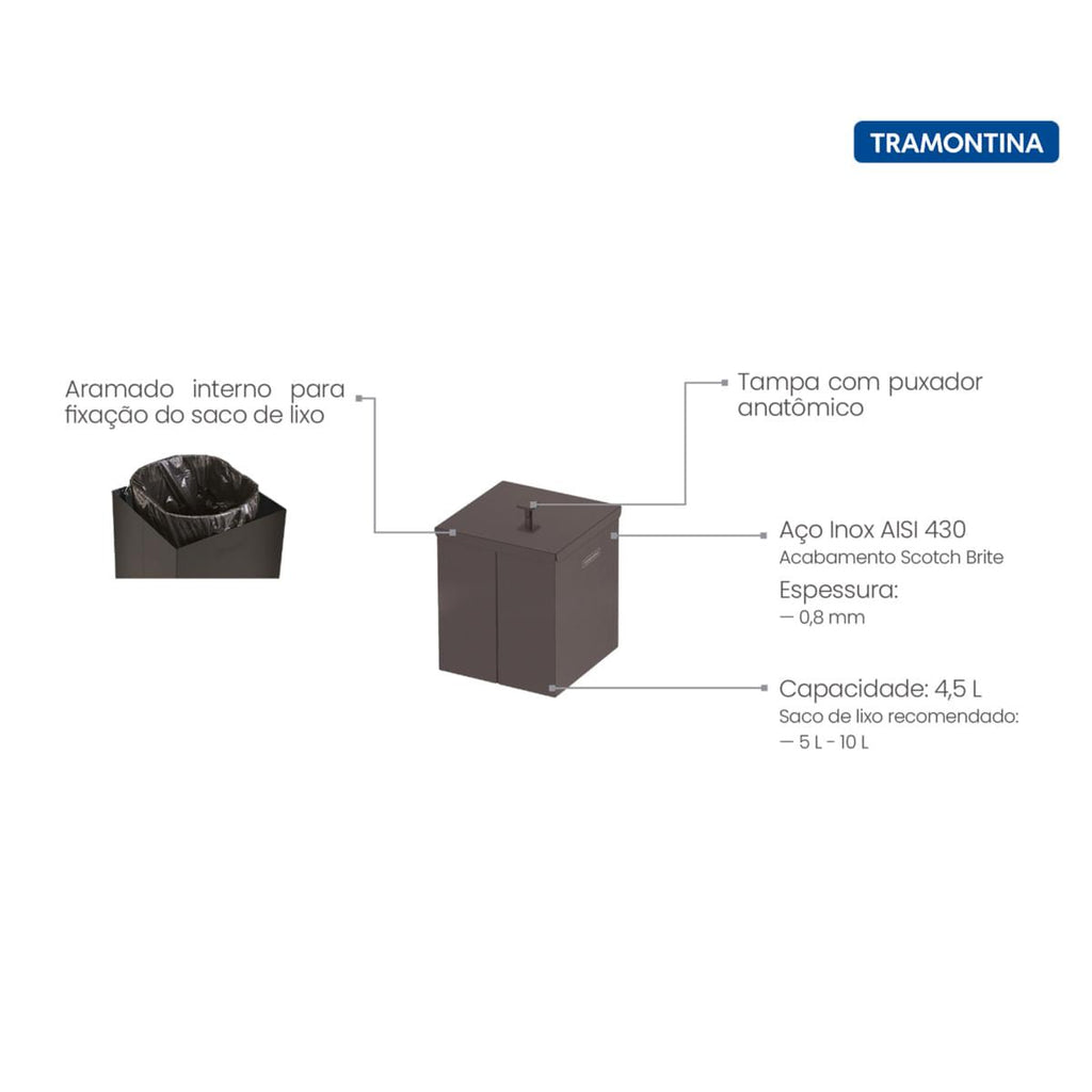 Lixeira Tramontina Luz 4,5 Litros em Inox com Acabamento Fosco Black Matte