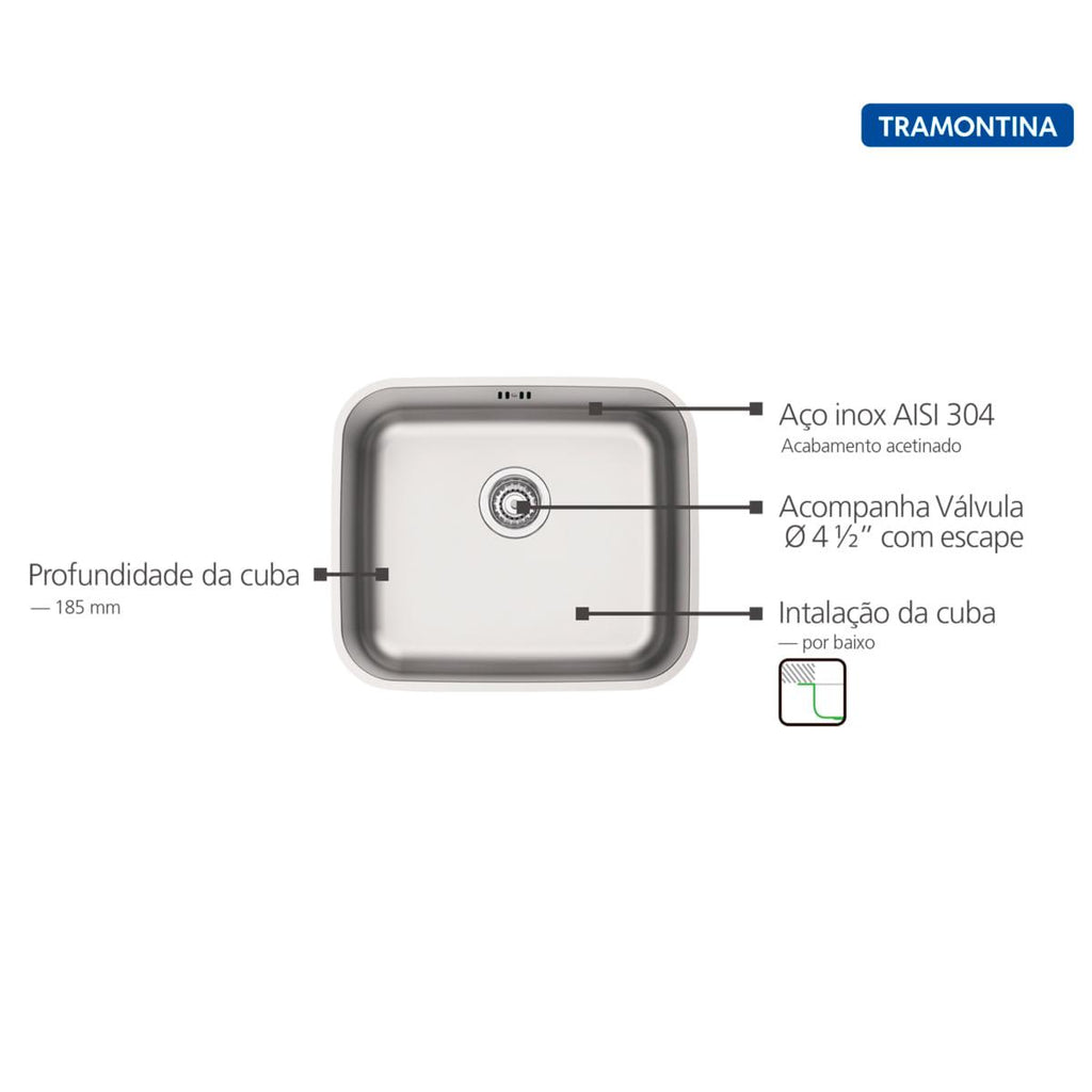 Cuba de Embutir Tramontina 40 x 34 cm Dora 40 BL em Aço Inox Acetinado com Válvula e Escape