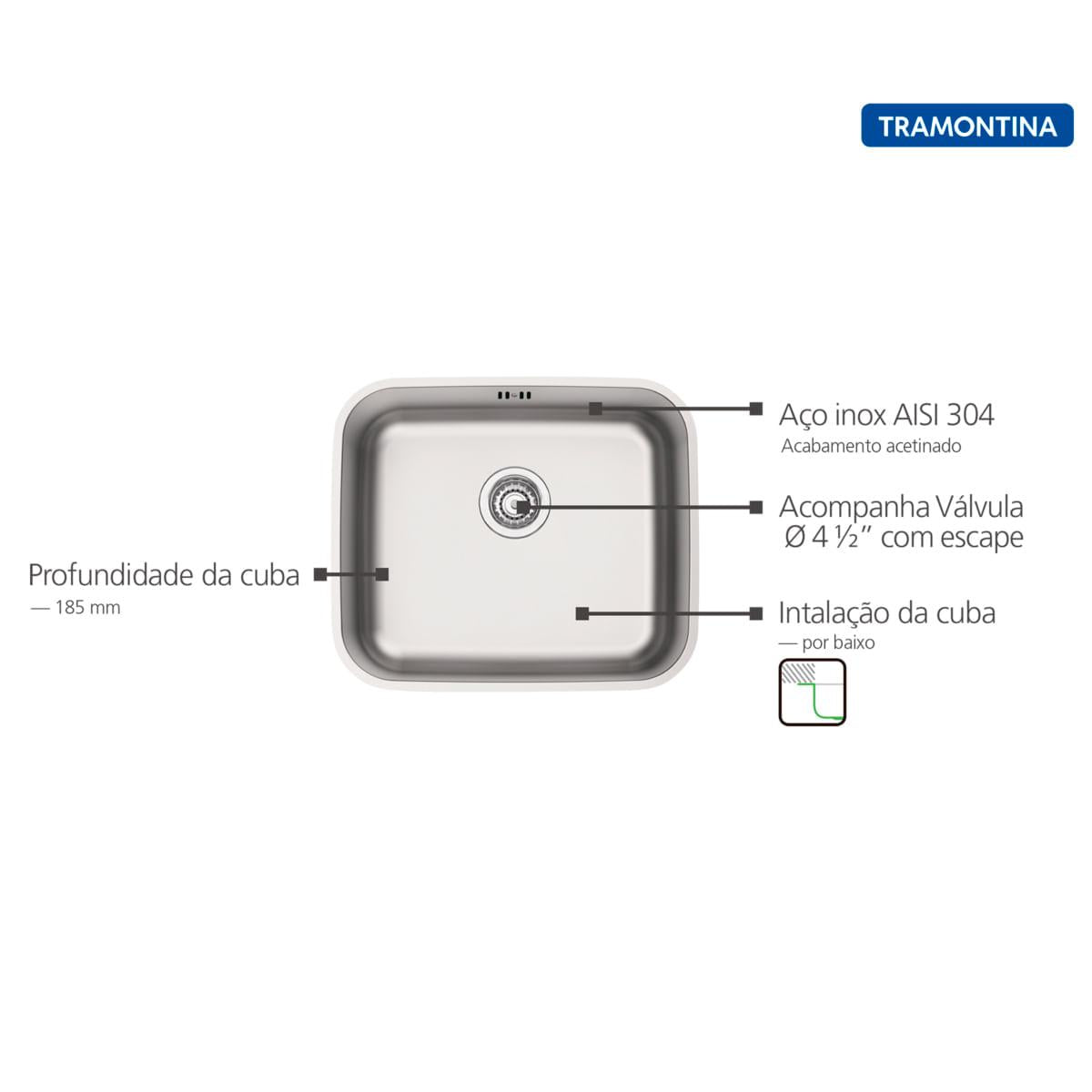Cuba de Embutir Tramontina 40 x 34 cm Dora 40 BL em Aço Inox Acetinado com Válvula e Escape