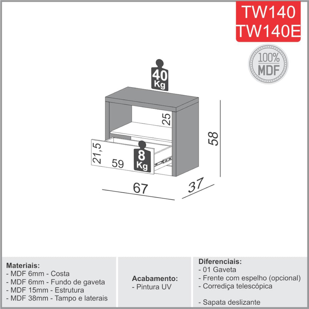 Mesa de Cabeceira em MDF 67 cm com 1 Gaveta TW140 Freijó/Off White Dalla Costa