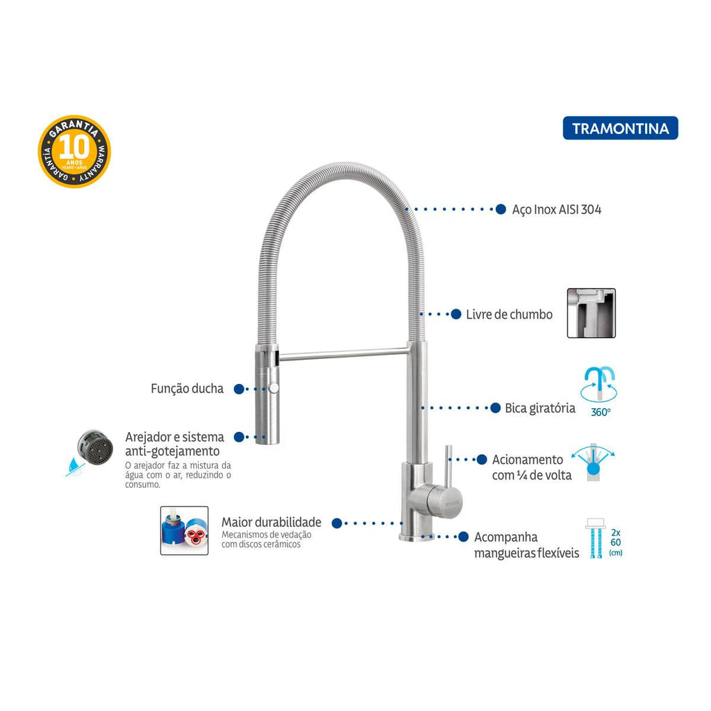 Misturador Monocomando Tramontina Versatile em Aço Inox com Bica Móvel