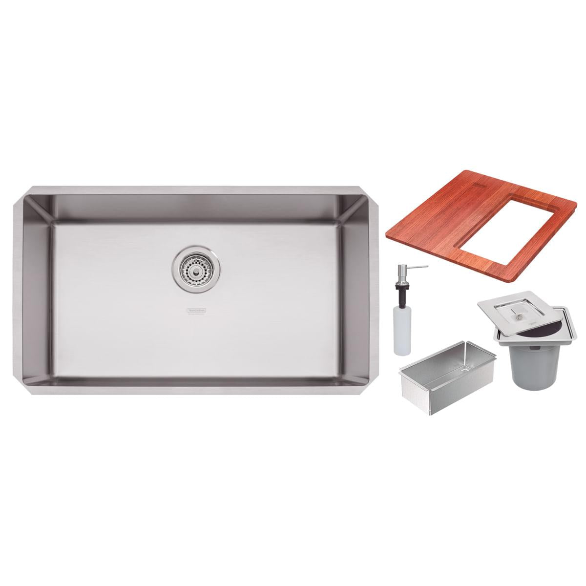 Cuba Tramontina Quadrum 70 U Undermount em Aço Inox Scotch Brite 70 x 40 cm com Dosador de Sabão, Tábua, Cesto e Lixeira Quadrada