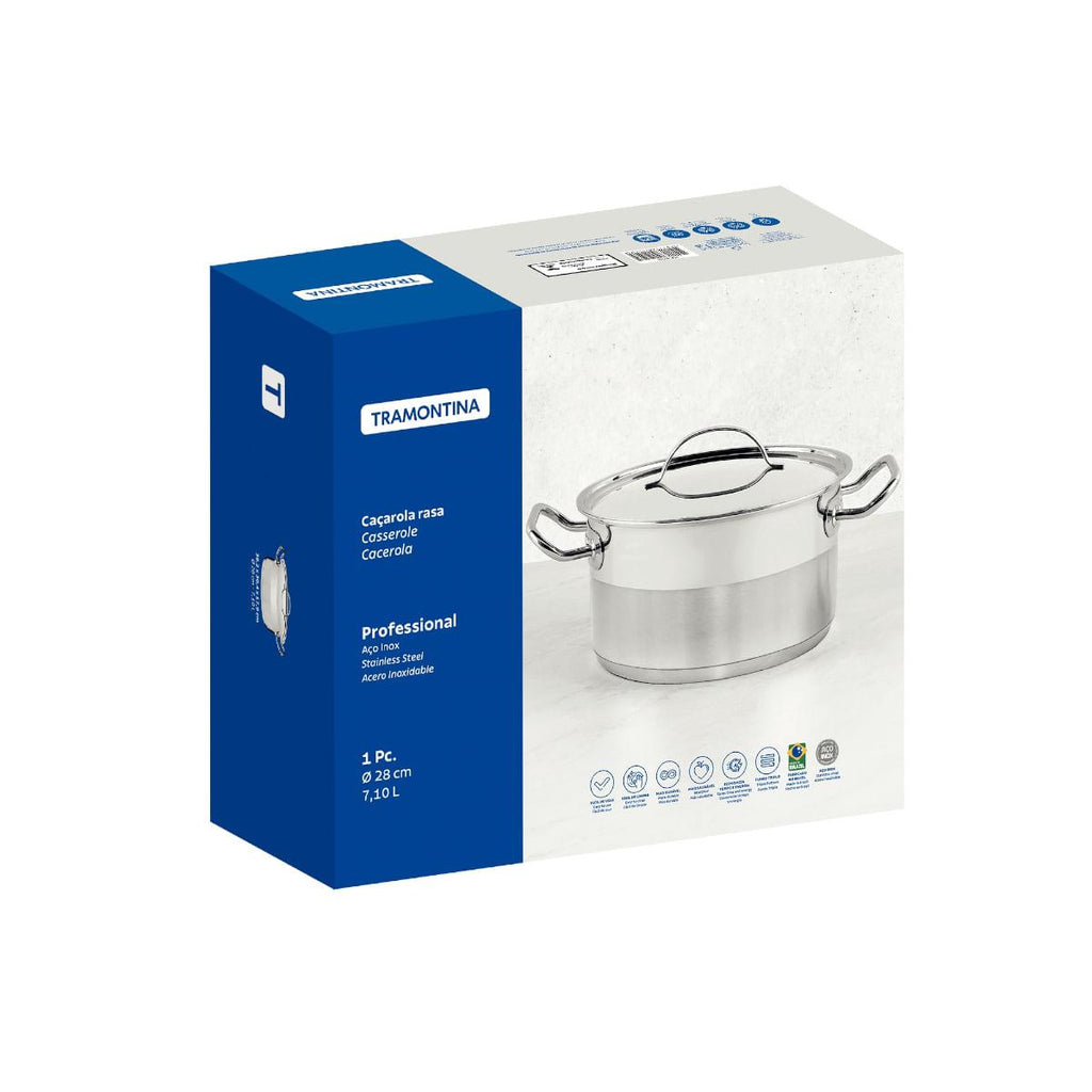 Caçarola Rasa Tramontina Professional Aço Inox 7,1L com Tampa Plana e Fundo Triplo 28cm